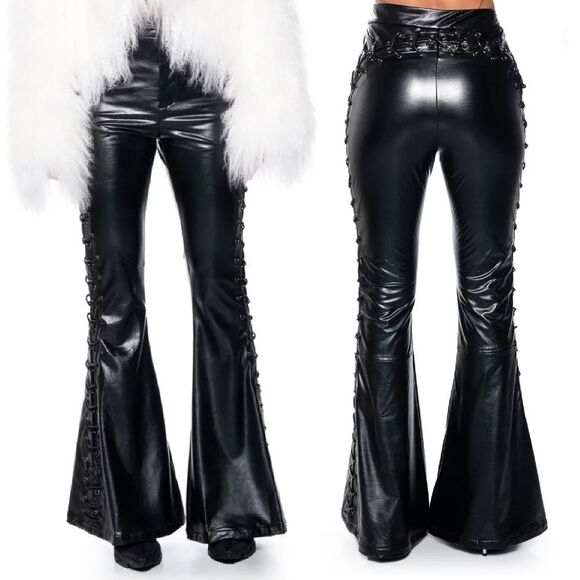 AKIRA Black Perfect Control Faux Leather Lace Up Flare Pants LG *NO OFFERS* - Picture 6 of 16